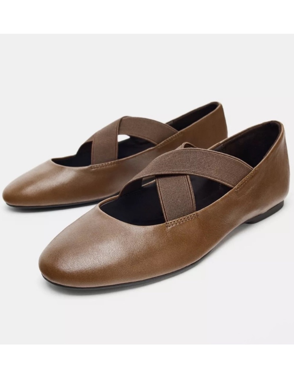 NWT Zara Brown Leather Ballet Elastic Cross Flats 7.5